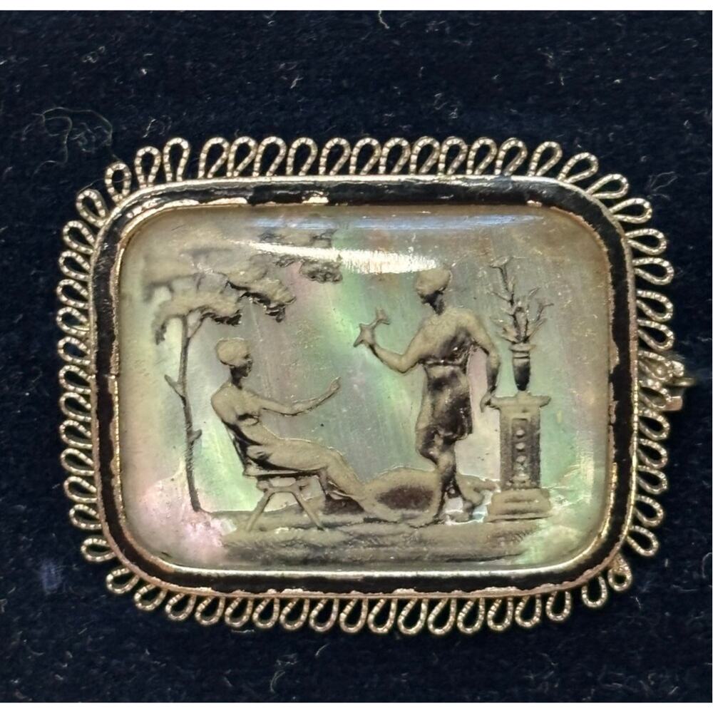 Antique Silver Tone? Pin Painting on Mother of Pearl Scene